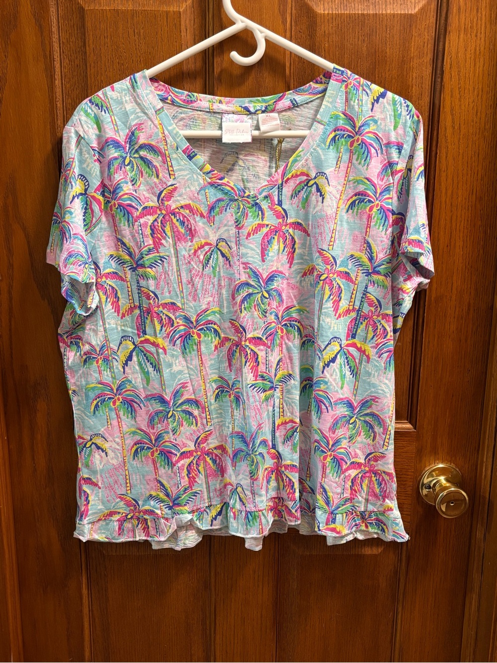 Stella Parker Bright Tropical Palm Tree V-Neck Ruffle Hem Top XL. NWT